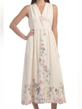 NWT - Taylor Linen Blend Ivory Floral Smocked Waist Lined Maxi Dress - Size 10